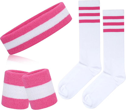 5 Pieces Sweatbands Striped Socks Set Sports Headband Wristbands High Tube Socks 80s Accessories Costumes