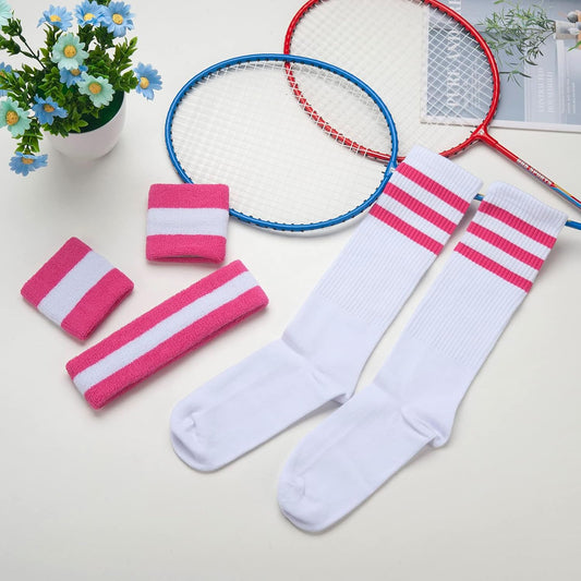 5 Pieces Sweatbands Striped Socks Set Sports Headband Wristbands High Tube Socks 80s Accessories Costumes