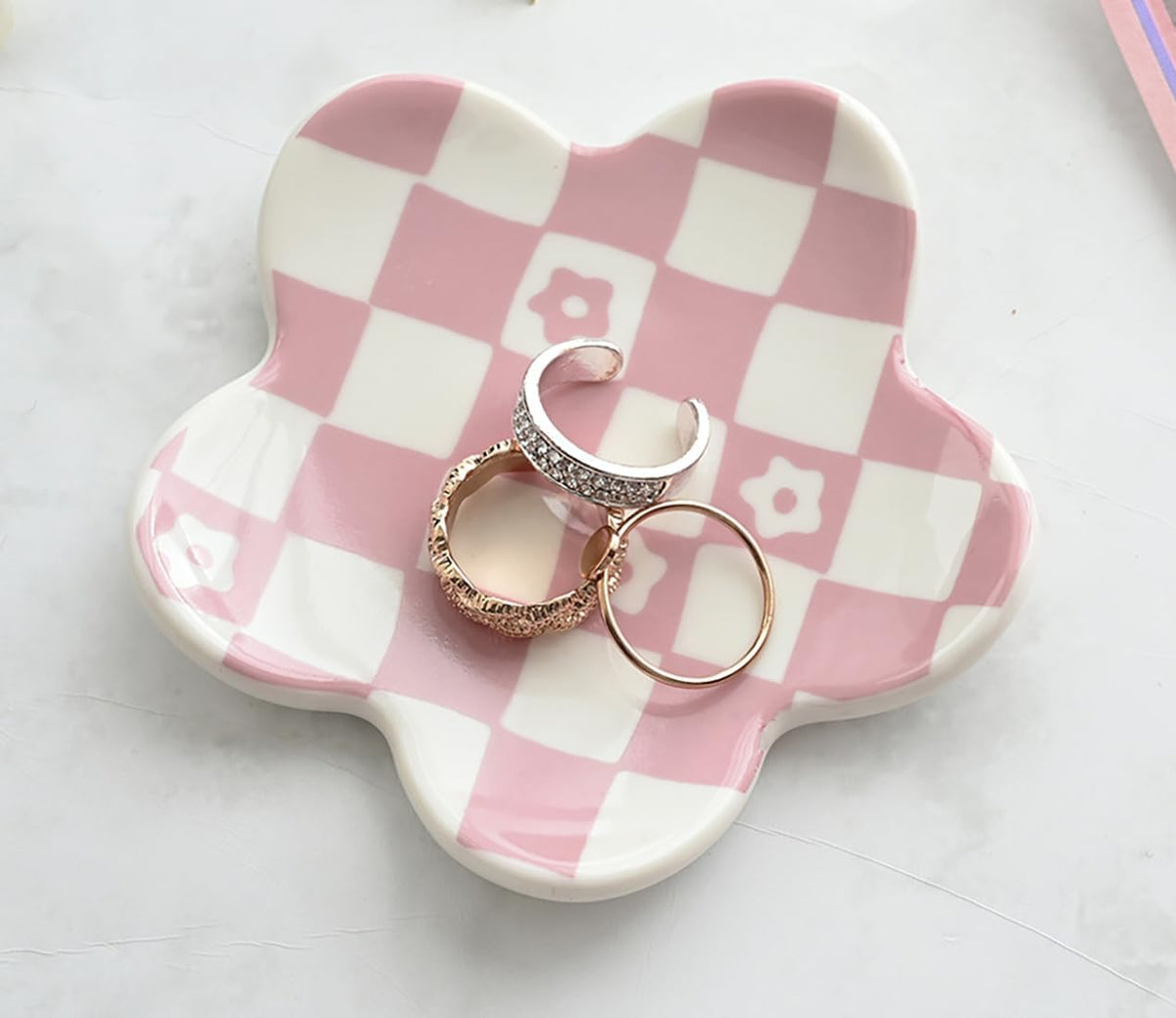 Pink Checkered Jewelry Dish, Cute Flower Trinket Tray for Rings & Earrings, Trendy Teen Girls Birthday Gifts, Aesthetic Room Decor for Nightstand Vanity Bathroom Sink & Dorm Desk, 3.8"
