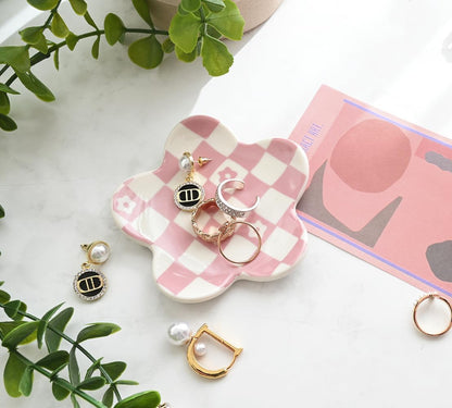 Pink Checkered Jewelry Dish, Cute Flower Trinket Tray for Rings & Earrings, Trendy Teen Girls Birthday Gifts, Aesthetic Room Decor for Nightstand Vanity Bathroom Sink & Dorm Desk, 3.8"