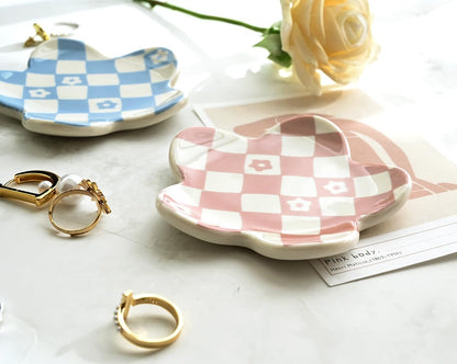 Pink Checkered Jewelry Dish, Cute Flower Trinket Tray for Rings & Earrings, Trendy Teen Girls Birthday Gifts, Aesthetic Room Decor for Nightstand Vanity Bathroom Sink & Dorm Desk, 3.8"