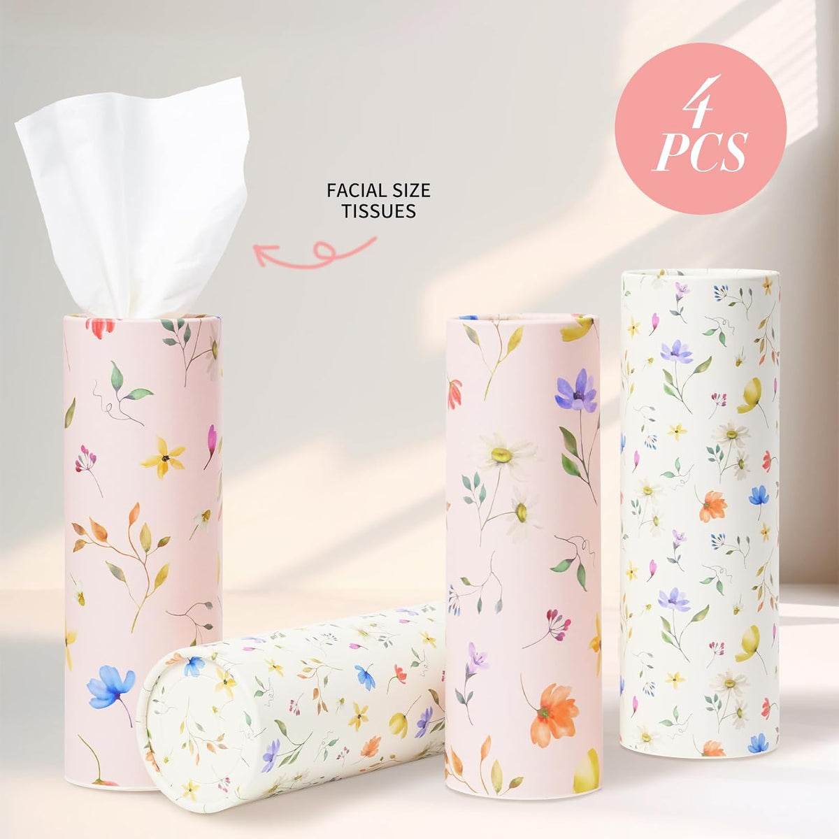 4 Pack Pink Wild Floral Car Tissue Holder with 3-Ply Facial Tissues