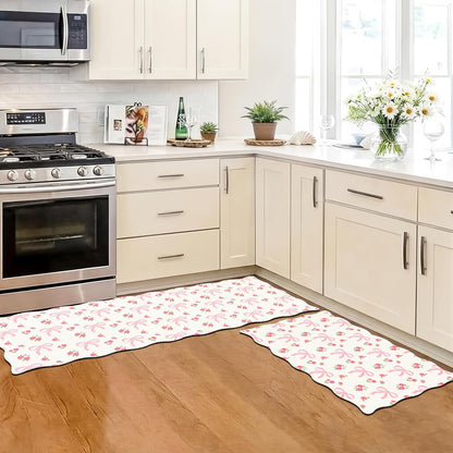 2 Pcs Pink Kitchen Rugs and Mats Set Coquette Bow Floral Non-Slip Waterproof Floor Mats, 47"x16.5" & 30"x16.5" Pink Decor Rugs for Kitchen Sink, Laundry Room Standing, Machine Washable