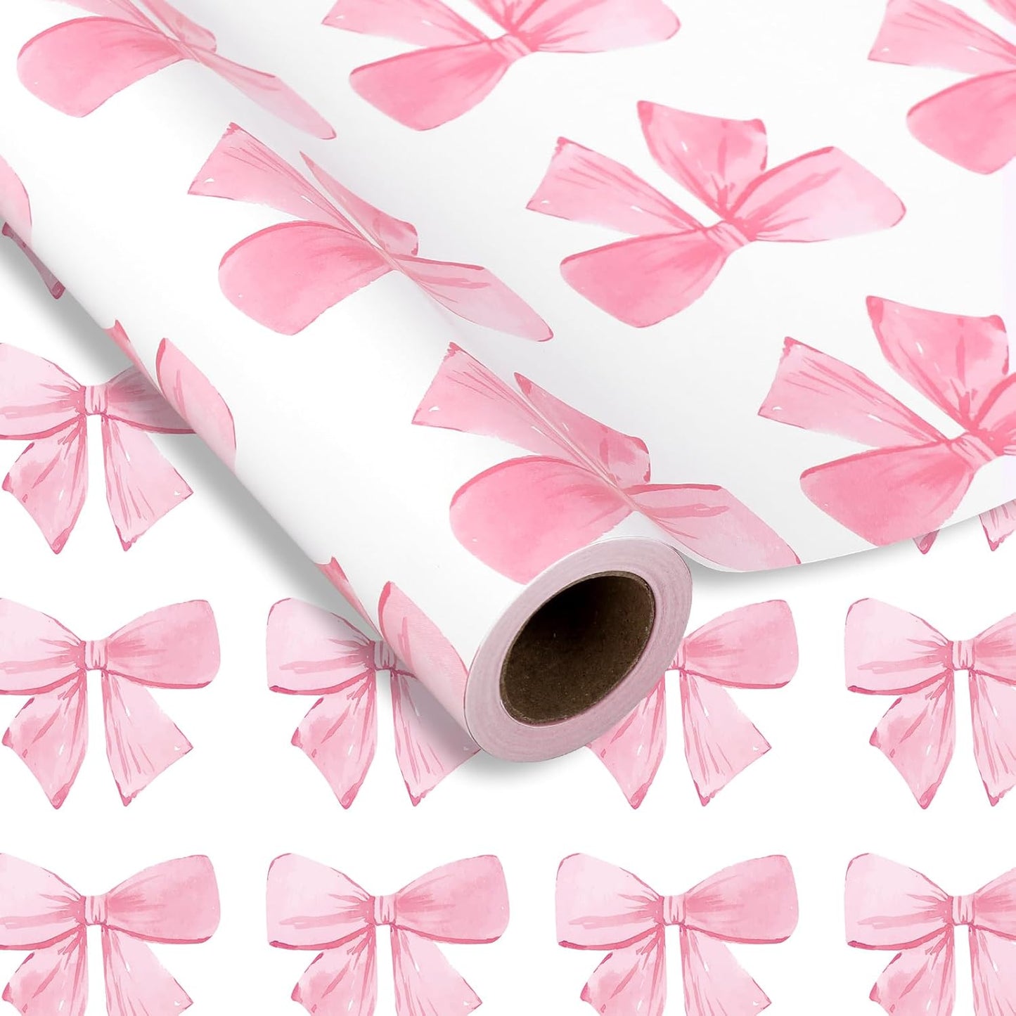 Pink Bow Wrapping Paper -Mini Roll- 17In x 32.8 Ft Watercolor Bow Knot Gift Wrap Sheet Sweet Craft Paper for Mother's Day Girls Birthday Wedding Baby Shower Party Packing Supplies