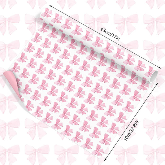 Pink Bow Wrapping Paper -Mini Roll- 17In x 32.8 Ft Watercolor Bow Knot Gift Wrap Sheet Sweet Craft Paper for Mother's Day Girls Birthday Wedding Baby Shower Party Packing Supplies
