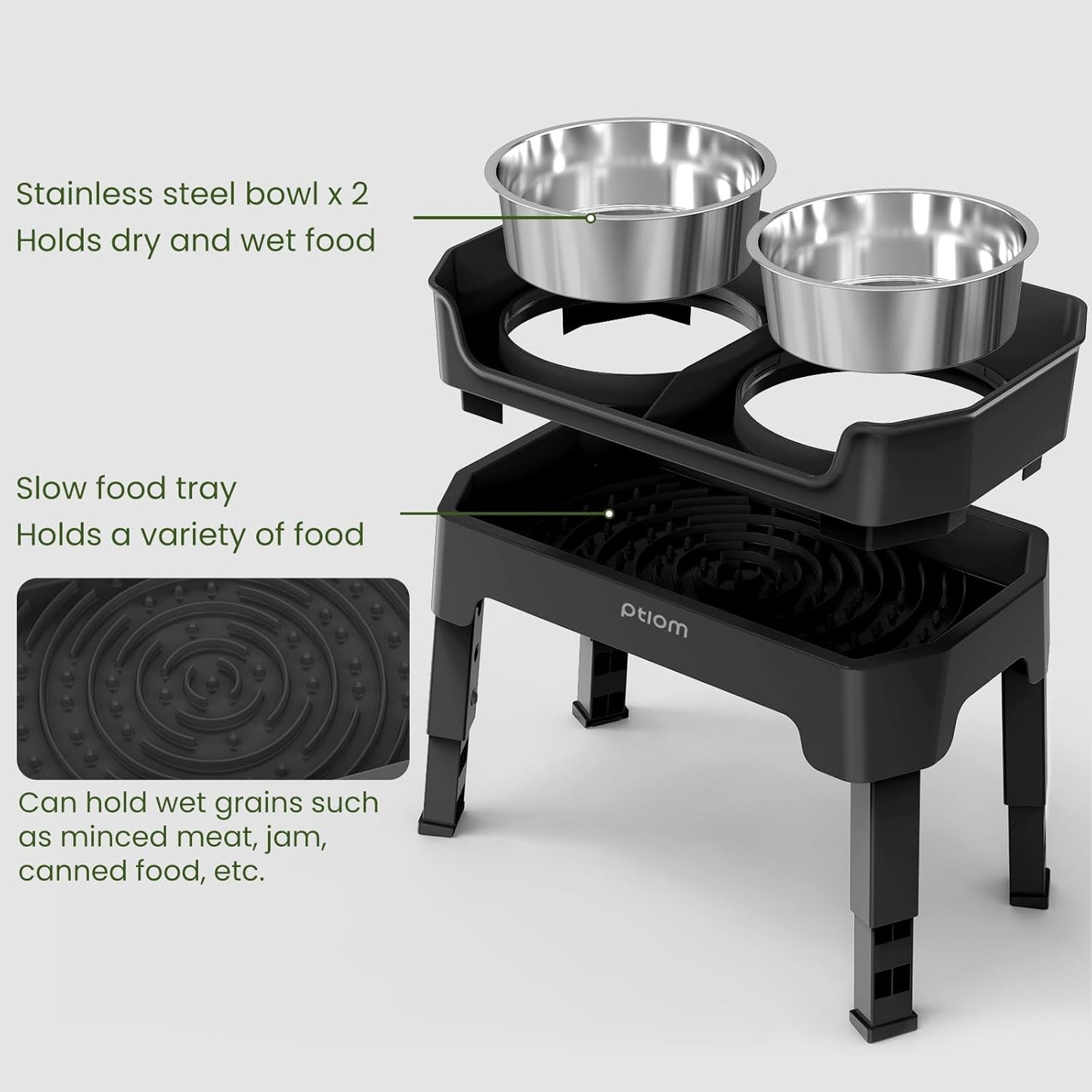 3-in-1 Elevated Dog Bowls Mess Proof Raised Slow Feeder Dog Bowls, 4 Height Adjustable Dog Bowl Stand Licking Plate with 2 56oz Stainless Steel Dog Food Bowls for Small Medium Large Dogs Pets