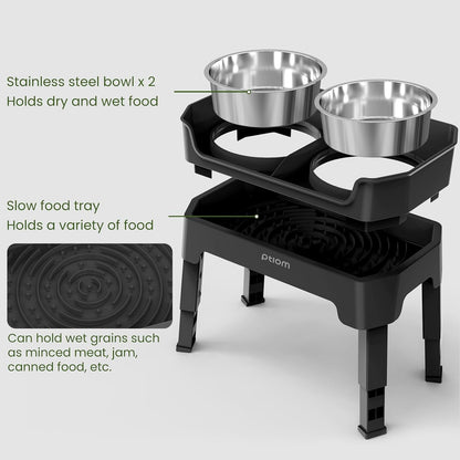3-in-1 Elevated Dog Bowls Mess Proof Raised Slow Feeder Dog Bowls, 4 Height Adjustable Dog Bowl Stand Licking Plate with 2 56oz Stainless Steel Dog Food Bowls for Small Medium Large Dogs Pets
