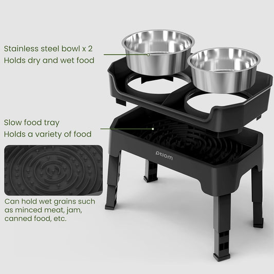 3-in-1 Elevated Dog Bowls Mess Proof Raised Slow Feeder Dog Bowls, 4 Height Adjustable Dog Bowl Stand Licking Plate with 2 56oz Stainless Steel Dog Food Bowls for Small Medium Large Dogs Pets