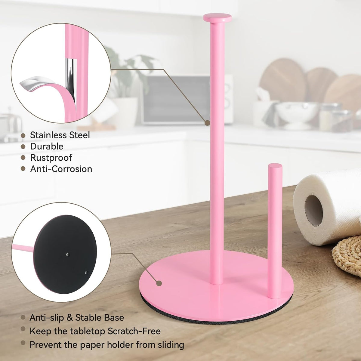 Pink Paper Towel Holder, Stainless Steel, with Anti Slip Weighted Base