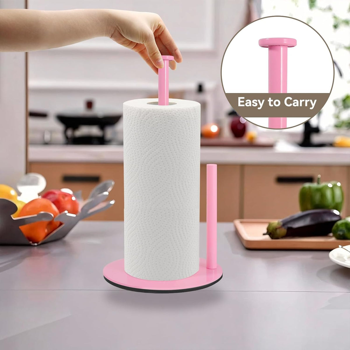Pink Paper Towel Holder, Stainless Steel, with Anti Slip Weighted Base