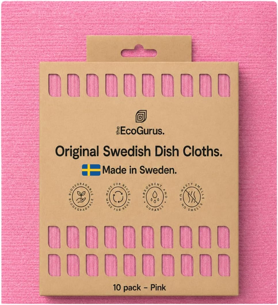 10 Pack Premium Odour-Resistant Reusable Cleaning Cloths | Original Swedish Dishcloth | Made in Sweden | Absorbs 20x Its Weight | Replaces 150 Paper Towels | Biodegradable Cellulose Cloth | Pink
