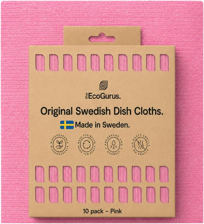 10 Pack Premium Odour-Resistant Reusable Cleaning Cloths | Original Swedish Dishcloth | Made in Sweden | Absorbs 20x Its Weight | Replaces 150 Paper Towels | Biodegradable Cellulose Cloth | Pink