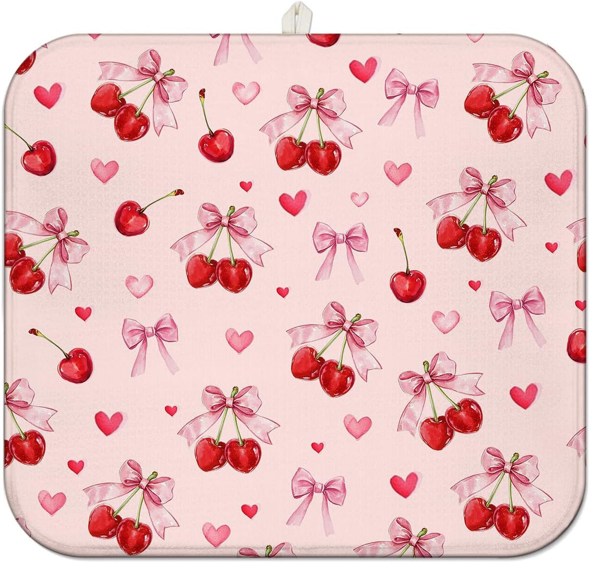 Cherry Dish Drying Mat for Kitchen Counter, Pink Cute Bow Heart Microfiber Drying Mat, Washable Absorbent Kitchen Countertop Dish Draining Mat, 16×18 Inch
