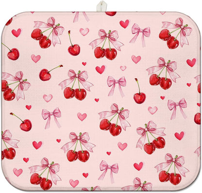 Cherry Dish Drying Mat for Kitchen Counter, Pink Cute Bow Heart Microfiber Drying Mat, Washable Absorbent Kitchen Countertop Dish Draining Mat, 16×18 Inch