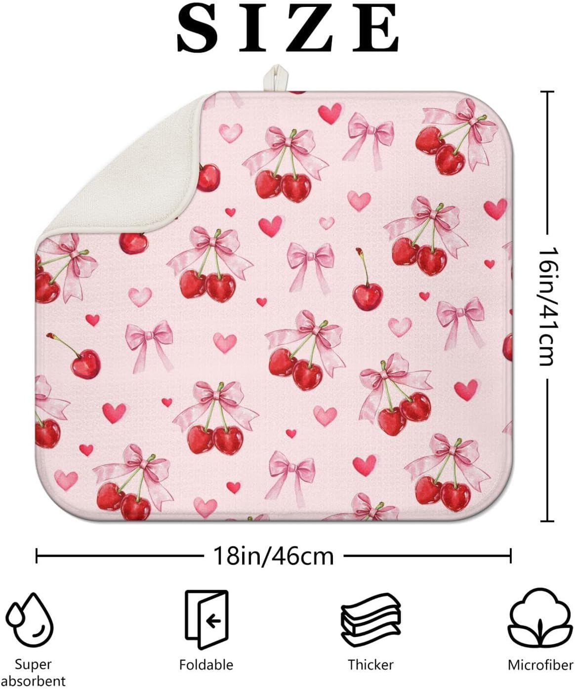 Cherry Dish Drying Mat for Kitchen Counter, Pink Cute Bow Heart Microfiber Drying Mat, Washable Absorbent Kitchen Countertop Dish Draining Mat, 16×18 Inch
