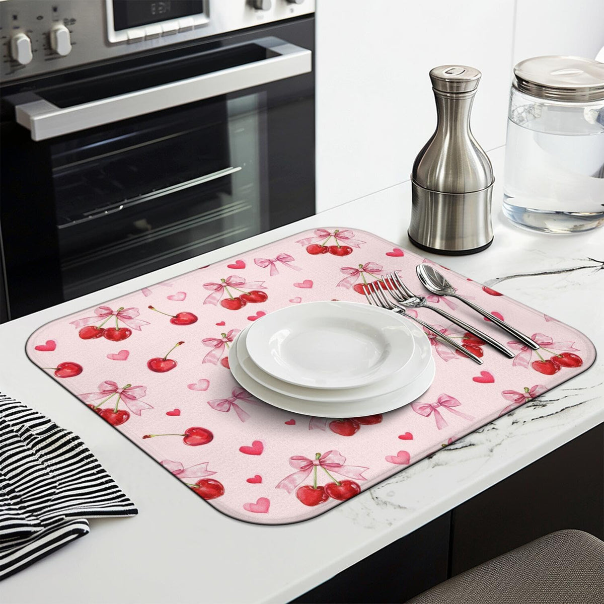 Cherry Dish Drying Mat for Kitchen Counter, Pink Cute Bow Heart Microfiber Drying Mat, Washable Absorbent Kitchen Countertop Dish Draining Mat, 16×18 Inch