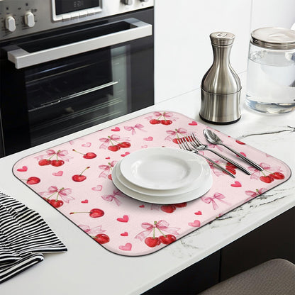 Cherry Dish Drying Mat for Kitchen Counter, Pink Cute Bow Heart Microfiber Drying Mat, Washable Absorbent Kitchen Countertop Dish Draining Mat, 16×18 Inch