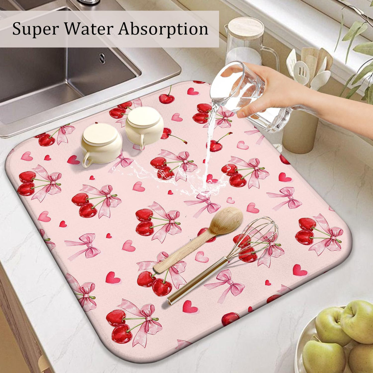 Cherry Dish Drying Mat for Kitchen Counter, Pink Cute Bow Heart Microfiber Drying Mat, Washable Absorbent Kitchen Countertop Dish Draining Mat, 16×18 Inch