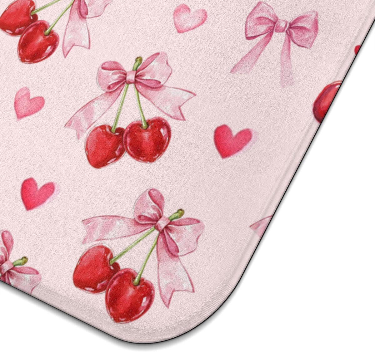 Cherry Dish Drying Mat for Kitchen Counter, Pink Cute Bow Heart Microfiber Drying Mat, Washable Absorbent Kitchen Countertop Dish Draining Mat, 16×18 Inch