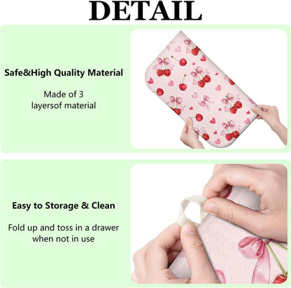 Cherry Dish Drying Mat for Kitchen Counter, Pink Cute Bow Heart Microfiber Drying Mat, Washable Absorbent Kitchen Countertop Dish Draining Mat, 16×18 Inch