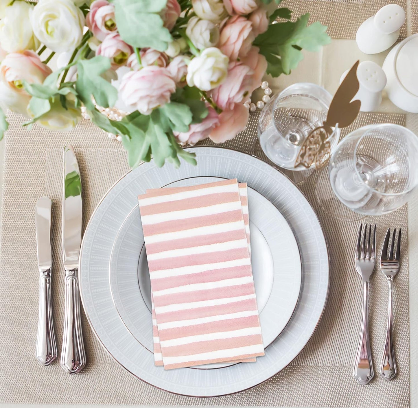 Gift Boutique 100 Pink & White Stripe Guest Napkins 3 Ply Disposable Paper Pack Striped Dinner Hand Napkin for Bathroom Powder Room Holiday Wedding Bridal & Baby Shower Decorative Towels