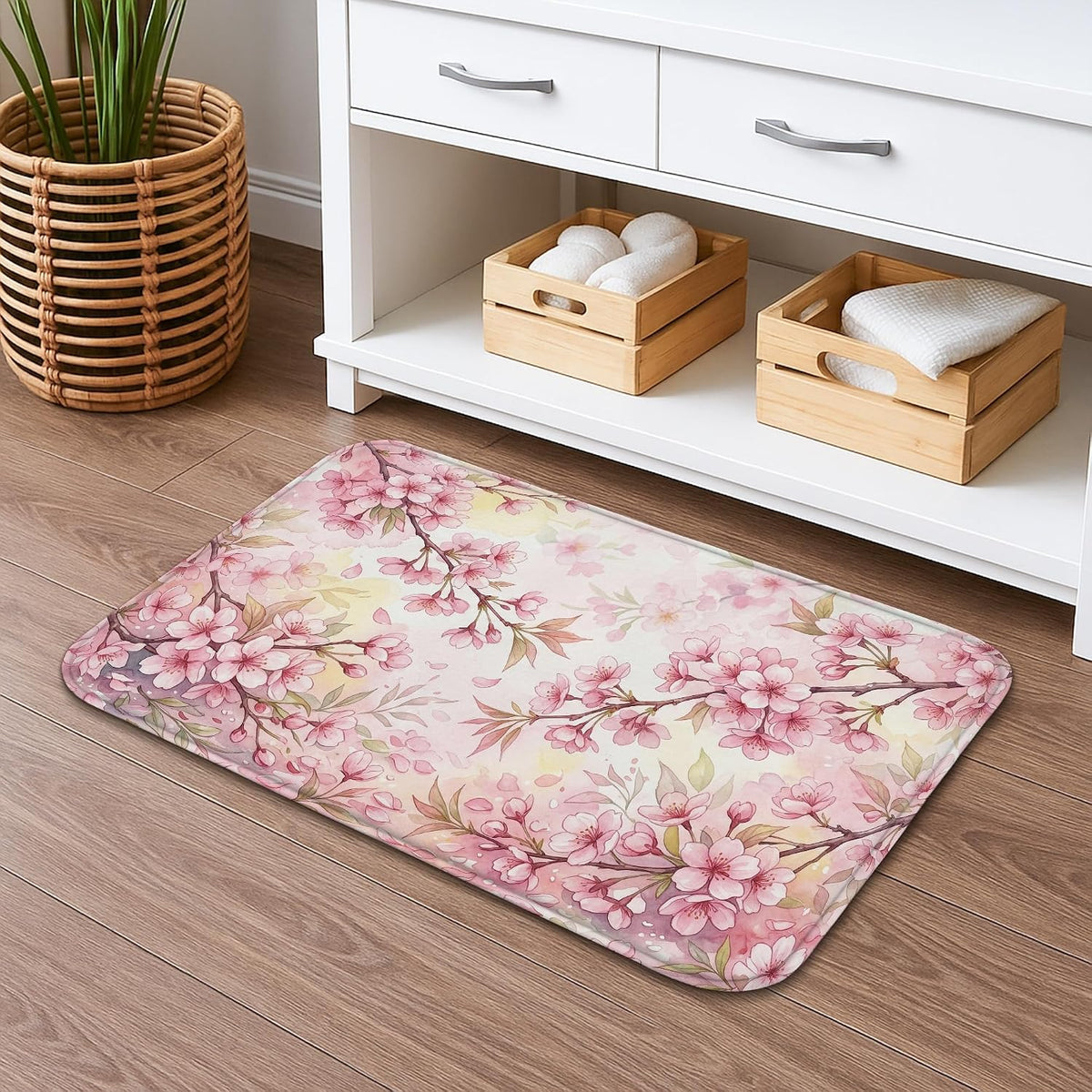 Floral Blossom Quick Dry Bath Mat, Elegant Peach Cherries Blossom Decorative Non Slip Shower Mat, Spring Washable Bath Rugs for Bathroom Toilet Restroom 20x32 Inch