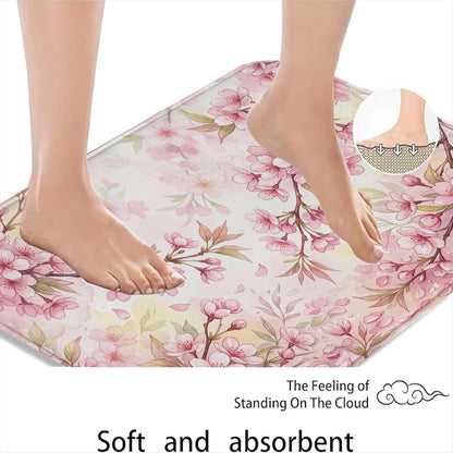 Floral Blossom Quick Dry Bath Mat, Elegant Peach Cherries Blossom Decorative Non Slip Shower Mat, Spring Washable Bath Rugs for Bathroom Toilet Restroom 20x32 Inch
