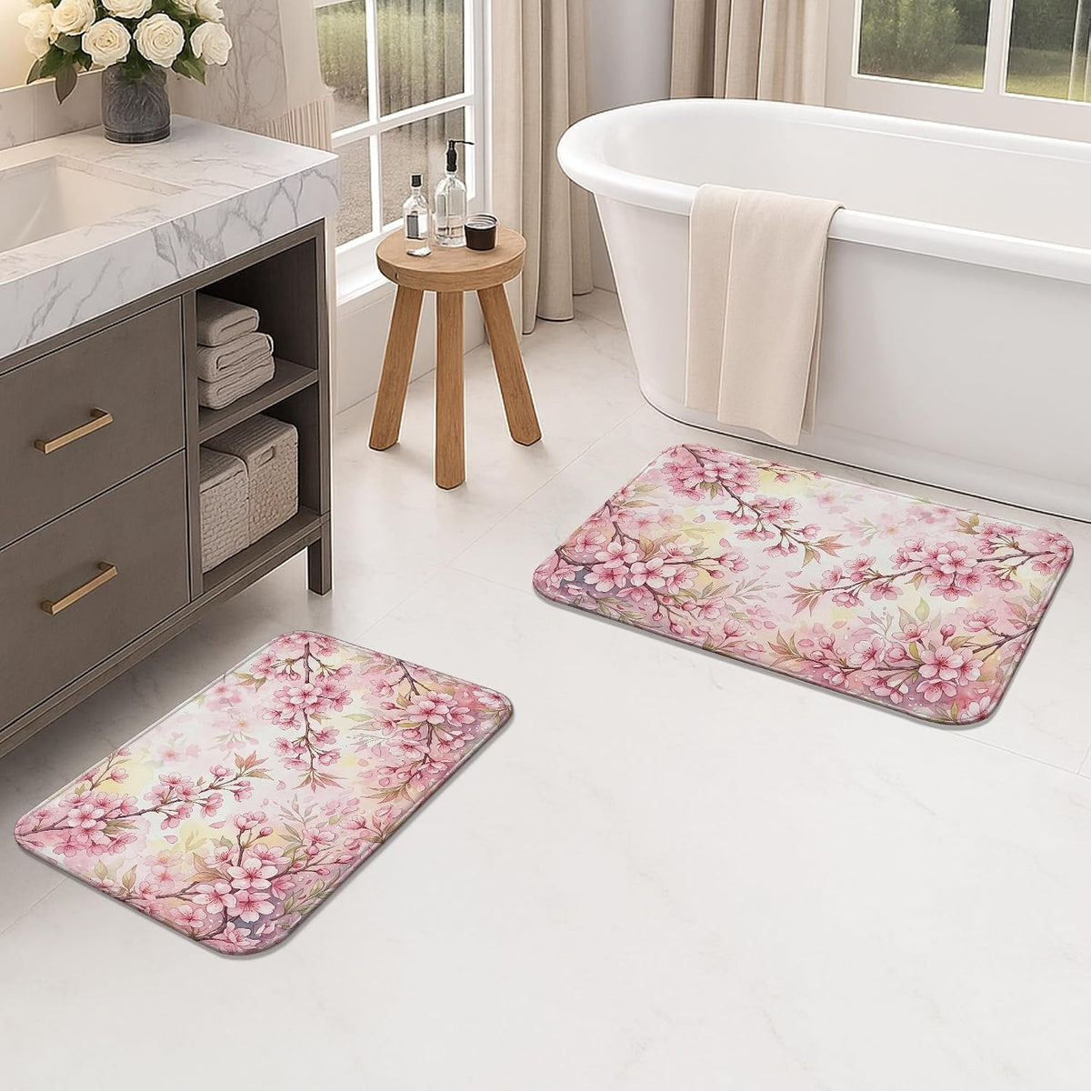 Floral Blossom Quick Dry Bath Mat, Elegant Peach Cherries Blossom Decorative Non Slip Shower Mat, Spring Washable Bath Rugs for Bathroom Toilet Restroom 20x32 Inch