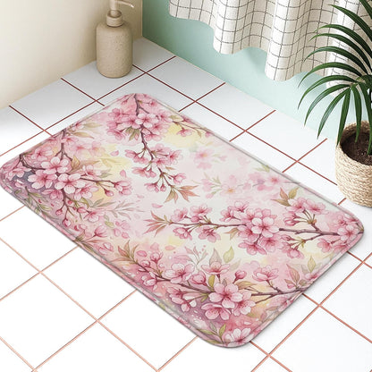 Floral Blossom Quick Dry Bath Mat, Elegant Peach Cherries Blossom Decorative Non Slip Shower Mat, Spring Washable Bath Rugs for Bathroom Toilet Restroom 20x32 Inch