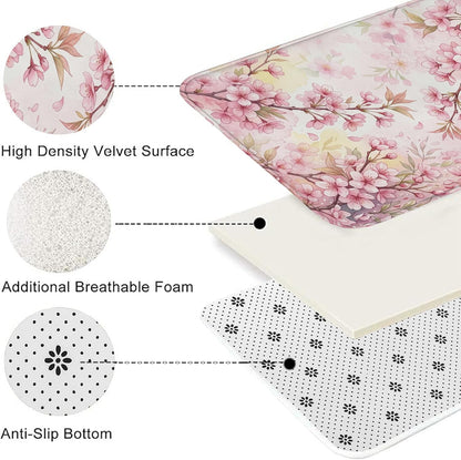 Floral Blossom Quick Dry Bath Mat, Elegant Peach Cherries Blossom Decorative Non Slip Shower Mat, Spring Washable Bath Rugs for Bathroom Toilet Restroom 20x32 Inch