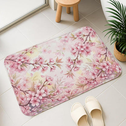 Floral Blossom Quick Dry Bath Mat, Elegant Peach Cherries Blossom Decorative Non Slip Shower Mat, Spring Washable Bath Rugs for Bathroom Toilet Restroom 20x32 Inch