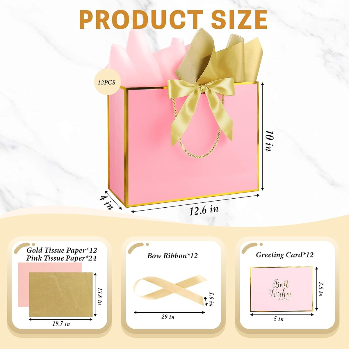 12 Pack Large Pink Gift Bags with Handles & 36 Tissue Papers