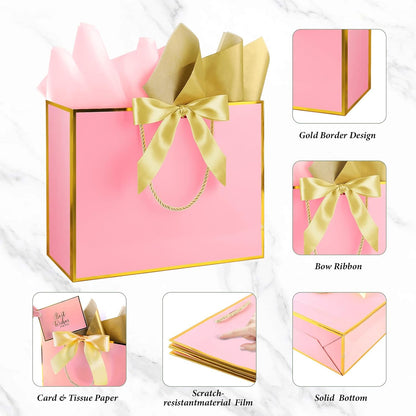 12 Pack Large Pink Gift Bags with Handles & 36 Tissue Papers