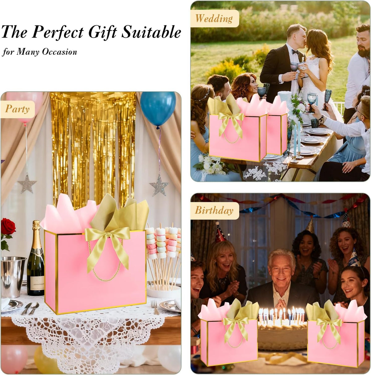 12 Pack Large Pink Gift Bags with Handles & 36 Tissue Papers