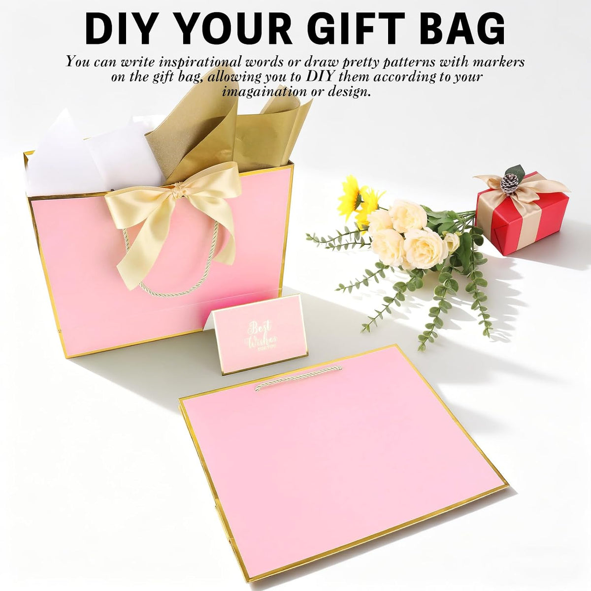 12 Pack Large Pink Gift Bags with Handles & 36 Tissue Papers