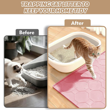 Silicone Cat Litter Mat, 34“ x 22” Waterproof Cat Litter Mats for Floors, Raised Edges Prevent Leaks and Make Cleaning Easy (Pink)
