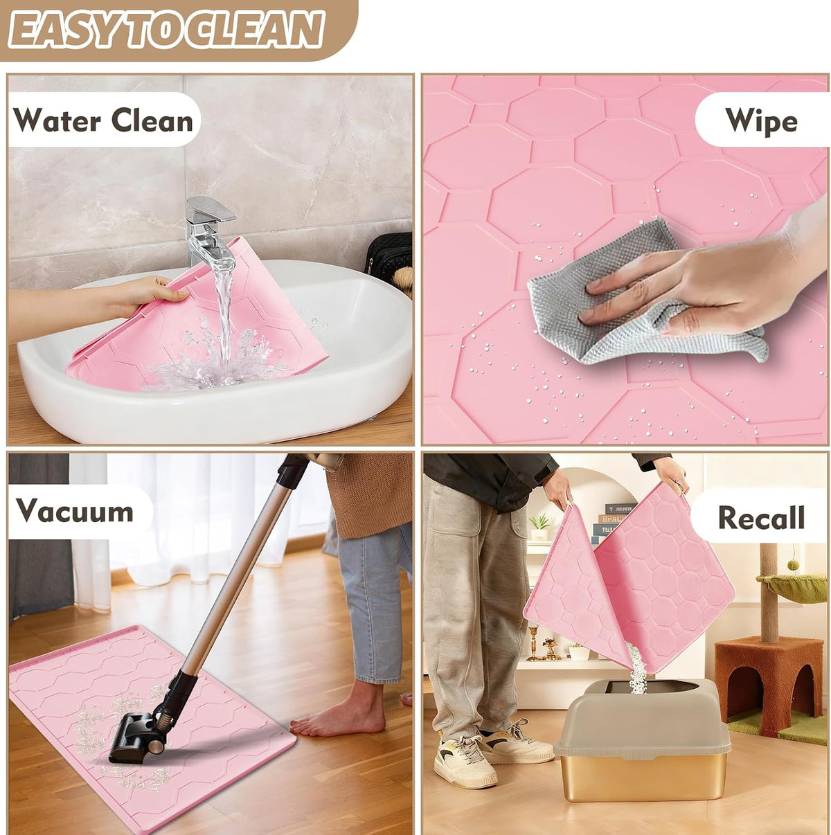 Silicone Cat Litter Mat, 34“ x 22” Waterproof Cat Litter Mats for Floors, Raised Edges Prevent Leaks and Make Cleaning Easy (Pink)