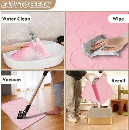 Silicone Cat Litter Mat, 34“ x 22” Waterproof Cat Litter Mats for Floors, Raised Edges Prevent Leaks and Make Cleaning Easy (Pink)