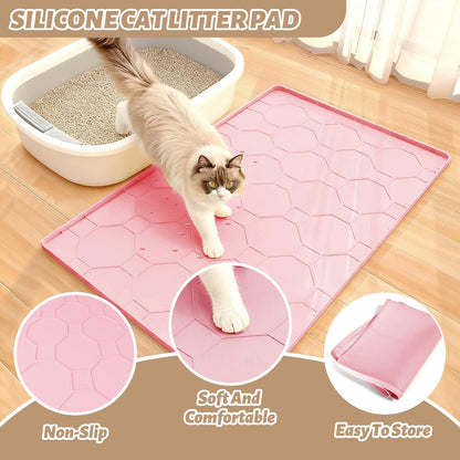 Silicone Cat Litter Mat, 34“ x 22” Waterproof Cat Litter Mats for Floors, Raised Edges Prevent Leaks and Make Cleaning Easy (Pink)