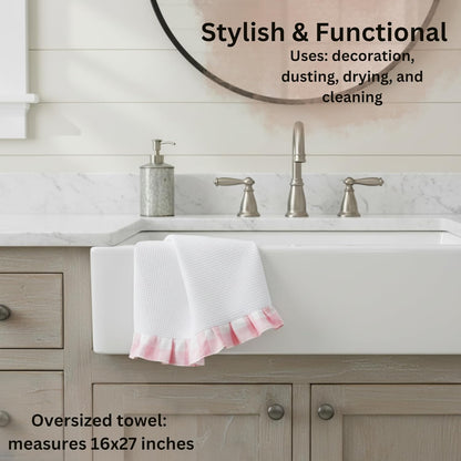 Pink Ruffle Kitchen Towel | Pastel Buffalo Plaid Hand Towels | Ruffled Large Fingertip Wash Cloth Bathroom | Farmhouse Home Decor Drying Dishclothes (Light Pink on White)