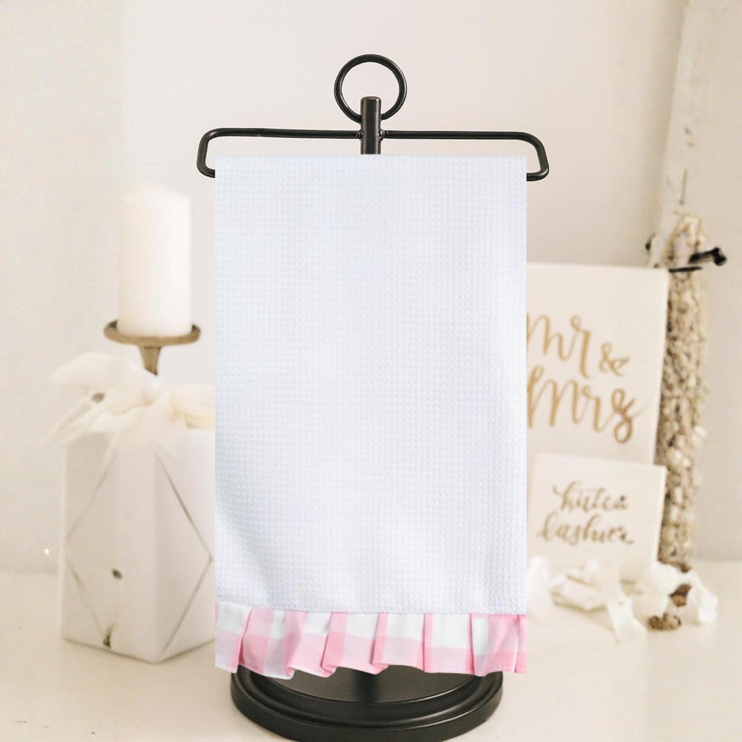 Pink Ruffle Kitchen Towel | Pastel Buffalo Plaid Hand Towels | Ruffled Large Fingertip Wash Cloth Bathroom | Farmhouse Home Decor Drying Dishclothes (Light Pink on White)