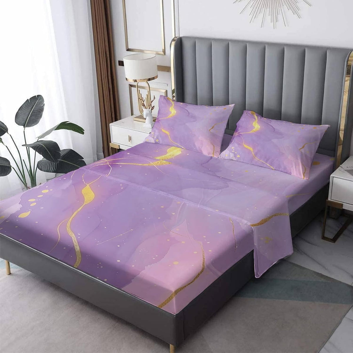 Marble Sheets Full Sheet Set, Pink Gold Bed Sheets, Abstract Marble Bedding Bedroom Decor, Soft Microfiber Deep Pocket Fitted Sheet & Flat Sheet & 2 Pillowcases