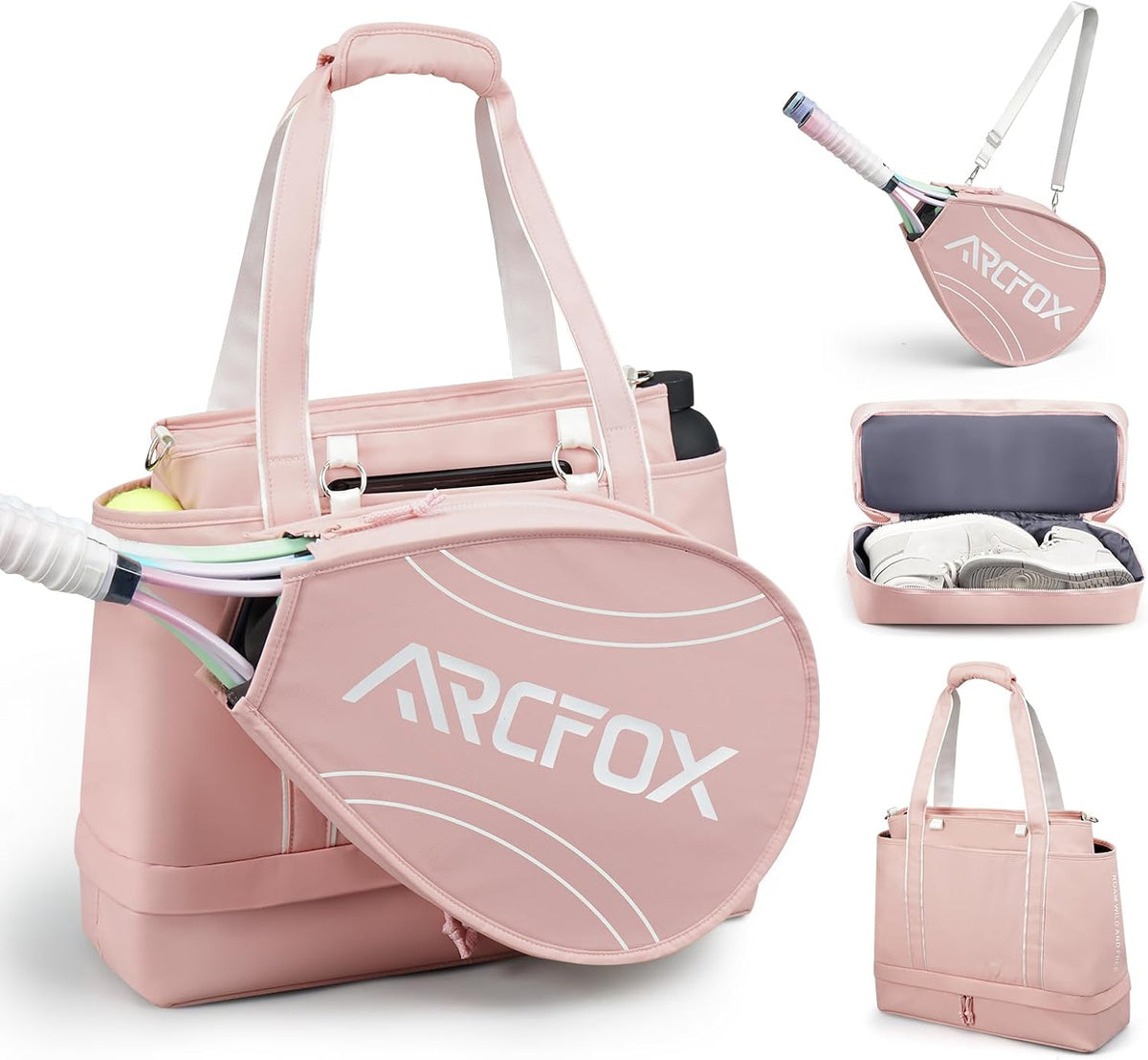 Tennis Tote Bag for Women, 2-in-1 Pink Tennis Bags 3 Rackets, Large Tennis Racket Bag with Shoe Compartment, Water Bottle Holder, Sports Handbag for Pickleball Padel, Badminton, Squash Racquet