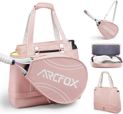 Tennis Tote Bag for Women, 2-in-1 Pink Tennis Bags 3 Rackets, Large Tennis Racket Bag with Shoe Compartment, Water Bottle Holder, Sports Handbag for Pickleball Padel, Badminton, Squash Racquet