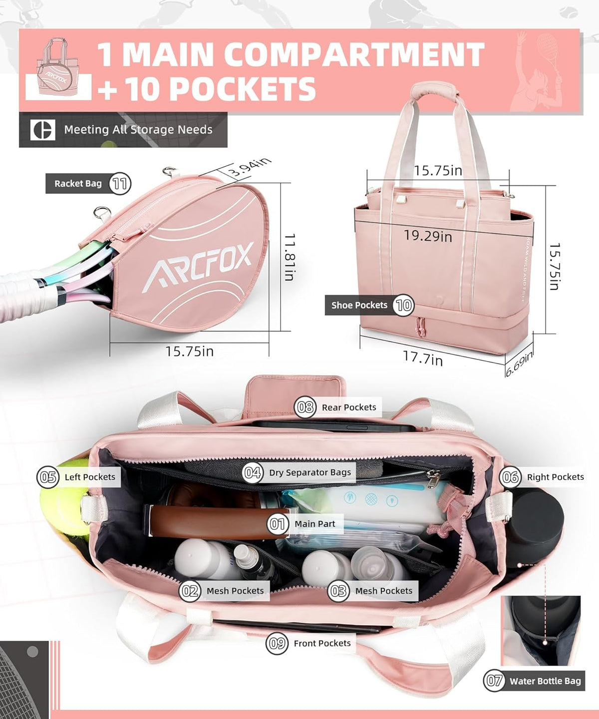 Tennis Tote Bag for Women, 2-in-1 Pink Tennis Bags 3 Rackets, Large Tennis Racket Bag with Shoe Compartment, Water Bottle Holder, Sports Handbag for Pickleball Padel, Badminton, Squash Racquet