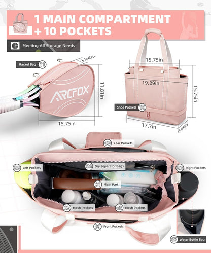 Tennis Tote Bag for Women, 2-in-1 Pink Tennis Bags 3 Rackets, Large Tennis Racket Bag with Shoe Compartment, Water Bottle Holder, Sports Handbag for Pickleball Padel, Badminton, Squash Racquet