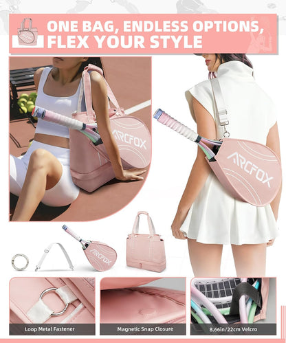 Tennis Tote Bag for Women, 2-in-1 Pink Tennis Bags 3 Rackets, Large Tennis Racket Bag with Shoe Compartment, Water Bottle Holder, Sports Handbag for Pickleball Padel, Badminton, Squash Racquet