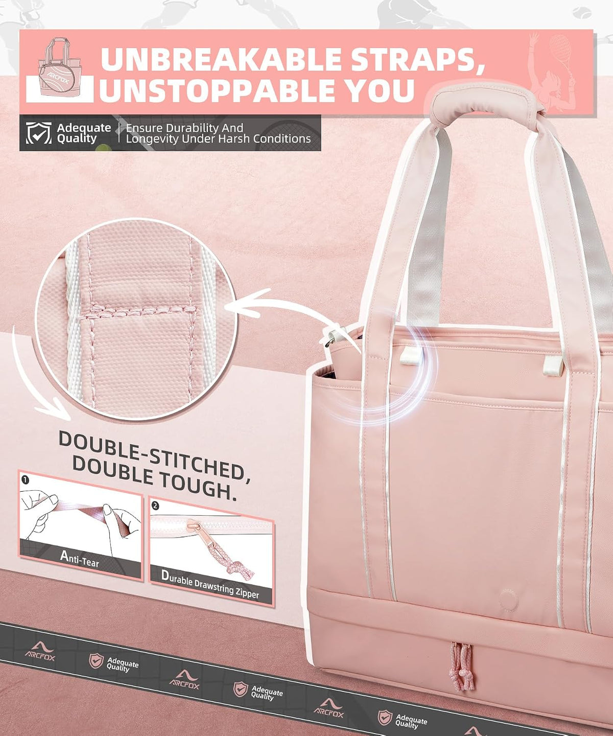 Tennis Tote Bag for Women, 2-in-1 Pink Tennis Bags 3 Rackets, Large Tennis Racket Bag with Shoe Compartment, Water Bottle Holder, Sports Handbag for Pickleball Padel, Badminton, Squash Racquet