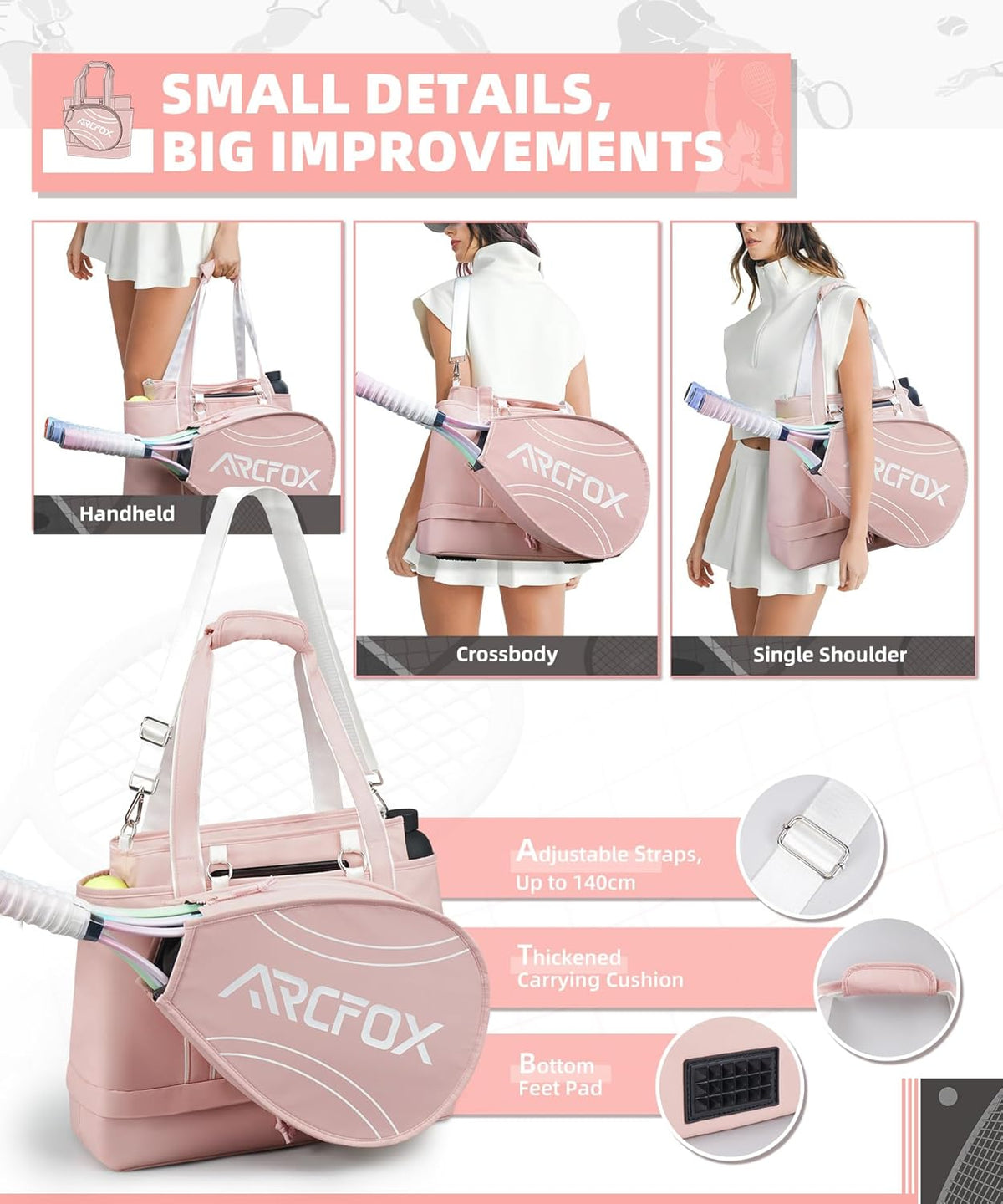 Tennis Tote Bag for Women, 2-in-1 Pink Tennis Bags 3 Rackets, Large Tennis Racket Bag with Shoe Compartment, Water Bottle Holder, Sports Handbag for Pickleball Padel, Badminton, Squash Racquet