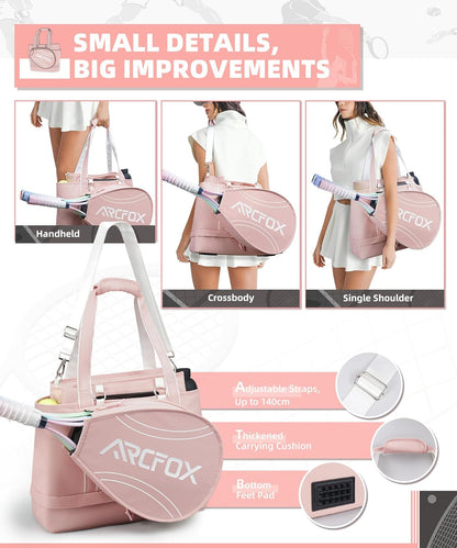 Tennis Tote Bag for Women, 2-in-1 Pink Tennis Bags 3 Rackets, Large Tennis Racket Bag with Shoe Compartment, Water Bottle Holder, Sports Handbag for Pickleball Padel, Badminton, Squash Racquet
